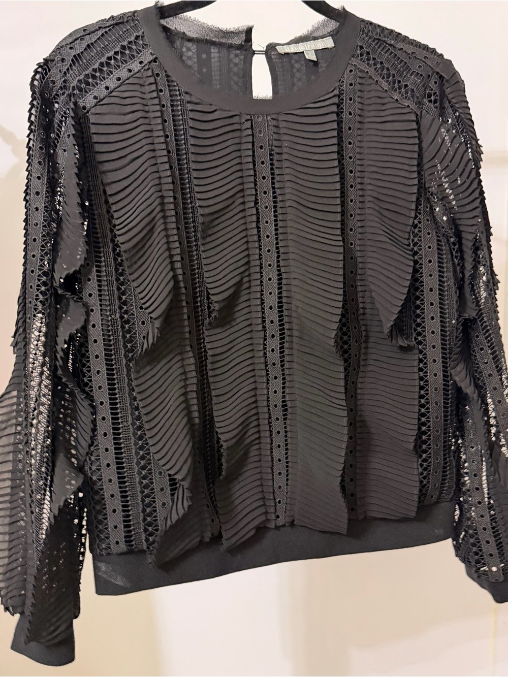 Daniel Rainn Black Ruffled Lace-Trim Long Sleeve Top